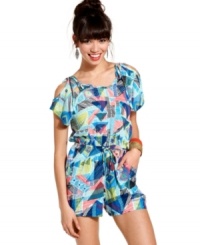 Crank-up the fun in this romper from Planet Gold! Shoulder cutouts and a cheerful tribal print make this one-piece a trend-right addition to your summery gear! Crank-up the fun in this romper from Planet Gold! Shoulder cutouts and a cheerful tribal print make this one-piece a trend-right addition to your summery gear!