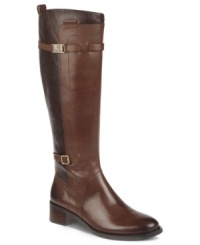 Different color leathers add amazing contrast to the shaft of Etienne Aigner's Cotton Riding boots. Slim buckled straps with designer logo detail wrap around the top and bottom of the shaft. Different color leathers add amazing contrast to the shaft of Etienne Aigner's Cotton Riding boots. Slim buckled straps with designer logo detail wrap around the top and bottom of the shaft.