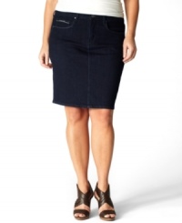 Add feminine appeal to your spring/summer look with Levi's plus size denim skirt. Add feminine appeal to your spring/summer look with Levi's plus size denim skirt.