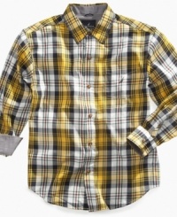 Bright plaid turns this crisp Nautica button-up shirt into a modern look for fall. Bright plaid turns this crisp Nautica button-up shirt into a modern look for fall.