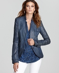 Indulge in the luxury of luxe leather and opt for this Rachel Zoe notch collar jacket. Three patch pockets lend a unique touch to the jewel-toned silhouette, perfect for 24-hours of city cool. Indulge in the luxury of luxe leather and opt for this Rachel Zoe notch collar jacket. Three patch pockets lend a unique touch to the jewel-toned silhouette, perfect for 24-hours of city cool.