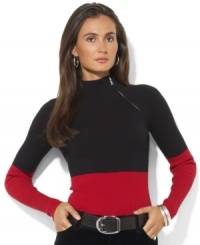 Lauren Ralph Lauren's soft ribbed cotton petite top is crafted with an angled zipper at the mockneck for sleek, modern style. Lauren Ralph Lauren's soft ribbed cotton petite top is crafted with an angled zipper at the mockneck for sleek, modern style.