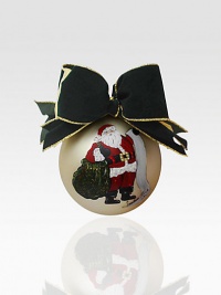 An exquisite tree-trimmer in hand-painted glass featuring jolly St. Nick and his twice-checked list.Hand-painted glassVelvet bow detail6 diam.Imported An exquisite tree-trimmer in hand-painted glass featuring jolly St. Nick and his twice-checked list.Hand-painted glassVelvet bow detail6 diam.Imported