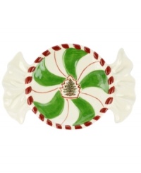 Christmas couldn't be sweeter with Spode's Christmas Tree Peppermint candy tray. A figural dish combining a a holiday icon with red, white and green candy stripes offers irresistible whimsy. Christmas couldn't be sweeter with Spode's Christmas Tree Peppermint candy tray. A figural dish combining a a holiday icon with red, white and green candy stripes offers irresistible whimsy.