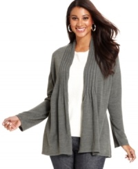 Lend a stylish layer to your look this season with Design 365's pleated plus size cardigan. Lend a stylish layer to your look this season with Design 365's pleated plus size cardigan.