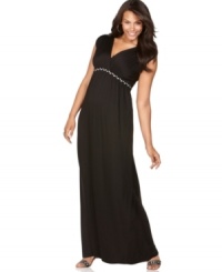 Look lovely and lean in Soprano's cap sleeve plus size maxi dress, highlighted by an empire waist with braided trim.