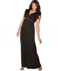 Look lovely and lean in Soprano's cap sleeve plus size maxi dress, highlighted by an empire waist with braided trim. Look lovely and lean in Soprano's cap sleeve plus size maxi dress, highlighted by an empire waist with braided trim.