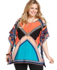 Give your look a kick of color with NY Collection's butterfly sleeve plus size top-- team it with your favorite neutral bottoms.