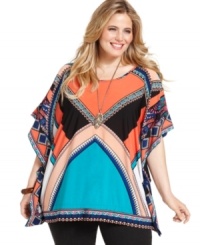 Give your look a kick of color with NY Collection's butterfly sleeve plus size top-- team it with your favorite neutral bottoms. Give your look a kick of color with NY Collection's butterfly sleeve plus size top-- team it with your favorite neutral bottoms.
