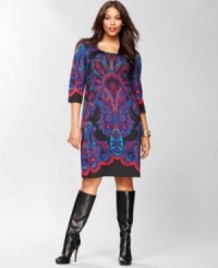 INC's simple plus size sheath dress gets a makeover with a bold, colorful print full of autumnal appeal. INC's simple plus size sheath dress gets a makeover with a bold, colorful print full of autumnal appeal.