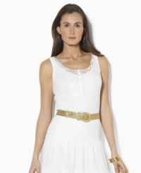 Lauren by Ralph Lauren's classic cotton tank is given a romantic update with delicate crocheted lace at the placket. Lauren by Ralph Lauren's classic cotton tank is given a romantic update with delicate crocheted lace at the placket.
