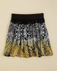 Paisley power infuses Aqua's short ruffle skirt, unrolling a gradient print that begins at the hem and fades toward the banded waist. Paisley power infuses Aqua's short ruffle skirt, unrolling a gradient print that begins at the hem and fades toward the banded waist.