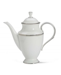 Metropolitan sensibility and modern design combine in this understated white bone china coffee pot from Lenox's collection of dinnerware and dishes. Platinum gild along the edge is enhanced by a clean, platinum geometric pattern reminiscent of architectural accents. Metropolitan sensibility and modern design combine in this understated white bone china coffee pot from Lenox's collection of dinnerware and dishes. Platinum gild along the edge is enhanced by a clean, platinum geometric pattern reminiscent of architectural accents.