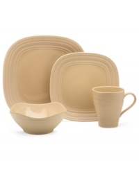 With the look of hand-thrown pottery in hard-wearing stoneware, the Swirl square place setting from Mikasa enhances casual meals with fuss-free elegance. A matte finish with glazed accents adds stylish distinction to a serene tan hue. With the look of hand-thrown pottery in hard-wearing stoneware, the Swirl square place setting from Mikasa enhances casual meals with fuss-free elegance. A matte finish with glazed accents adds stylish distinction to a serene tan hue.