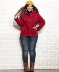 Faux fur lends a luxe touch to Dollhouse's plus size hooded fleece, cinched by a belted waist-- it's a must-get for fall! Faux fur lends a luxe touch to Dollhouse's plus size hooded fleece, cinched by a belted waist-- it's a must-get for fall!