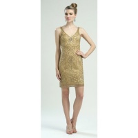 Sue Wong Womens Size 0 Gold Pencil Beaded Sleeveless Cocktail Dress Sue Wong Womens Size 0 Gold Pencil Beaded Sleeveless Cocktail Dress
