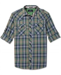 Preppy plaid livens up this military-inspired shirt from Buffalo David Bitton. Perfectly paired with your favorite denim.