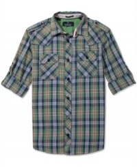 Preppy plaid livens up this military-inspired shirt from Buffalo David Bitton. Perfectly paired with your favorite denim. Preppy plaid livens up this military-inspired shirt from Buffalo David Bitton. Perfectly paired with your favorite denim.