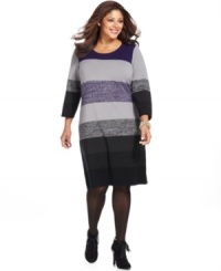 Be a stylish standout with Spense's plus size sweater dress, fashioned from a striped knit. Be a stylish standout with Spense's plus size sweater dress, fashioned from a striped knit.