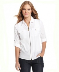 MICHAEL KORS TOP, LONG-SLEEVE ZIP-FRONT BLOUSE WHITE SIZE XL MICHAEL KORS TOP, LONG-SLEEVE ZIP-FRONT BLOUSE WHITE SIZE XL