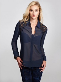 GUESS Women's Eva Long-Sleeve Brocade Lace Top, BLUE NILE (XS) GUESS Women's Eva Long-Sleeve Brocade Lace Top, BLUE NILE (XS)