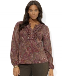 A sweeping paisley pattern enlivens Lauren Ralph Lauren's soft plus size cotton top, crafted with elegant pintucking and ruffles at the neckline for feminine appeal. A sweeping paisley pattern enlivens Lauren Ralph Lauren's soft plus size cotton top, crafted with elegant pintucking and ruffles at the neckline for feminine appeal.