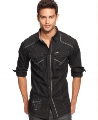 Think of it as a cowboy shirt for the urban cowboy: Long-sleeved woven sport shirt with asymmetric embroidery and a large graphic printed on the back, from Marc Ecko Cut & Sew. Think of it as a cowboy shirt for the urban cowboy: Long-sleeved woven sport shirt with asymmetric embroidery and a large graphic printed on the back, from Marc Ecko Cut & Sew.