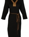 Lauren Ralph Lauren Women Belted Cotton V-Neck Dress Black (3X)
