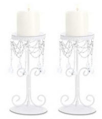 Set of 2 White Elegant Bead Wrought Iron Pillar Candle Holders [Misc.]
