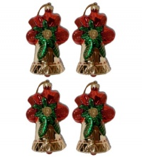 Set of 4 Gold Glass Bell Christmas Ornaments with Red Poinsettias and Green Leaves Set of 4 Gold Glass Bell Christmas Ornaments with Red Poinsettias and Green Leaves