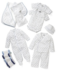 Everything mommy needs for her little boy! Shower her with this large gift basket packed with a star-print blanket, four burp cloths, two short sleeve rompers, a long sleeve romper, a cap, a terry cloth and a terry cloth bag. Everything mommy needs for her little boy! Shower her with this large gift basket packed with a star-print blanket, four burp cloths, two short sleeve rompers, a long sleeve romper, a cap, a terry cloth and a terry cloth bag.