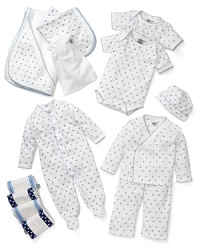 Everything mommy needs for her little boy! Shower her with this large gift basket packed with a star-print blanket, four burp cloths, two short sleeve rompers, a long sleeve romper, a cap, a terry cloth and a terry cloth bag.