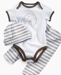 What a mama's boy. He'll feel the motherly love in this comfortable bodysuit, pant and hat set from First Impressions. What a mama's boy. He'll feel the motherly love in this comfortable bodysuit, pant and hat set from First Impressions.