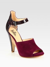 An adjustable snakeskin-printed leather ankle strap combines with suede in this open toe sandal. Snakeskin-printed leather heel, 4½ (115mm)Covered platform, ½ (15mm)Compares to a 4 heel (100mm)Suede and snakeskin-printed leather upperOpen toeLeather lining and solePadded insoleImported An adjustable snakeskin-printed leather ankle strap combines with suede in this open toe sandal. Snakeskin-printed leather heel, 4½ (115mm)Covered platform, ½ (15mm)Compares to a 4 heel (100mm)Suede and snakeskin-printed leather upperOpen toeLeather lining and solePadded insoleImported