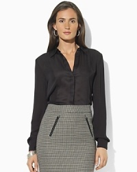 Lustrous silk and flowing georgette are combined to create a texturally intriguing blouse. Lustrous silk and flowing georgette are combined to create a texturally intriguing blouse.