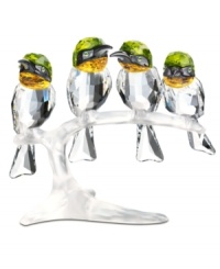 Birds of a feather. Perched on matte crystal branch, the Swarovski Bee-eaters are a beautiful sight for bird lovers, intricately crafted with topaz throats and olive-colored crowns. Birds of a feather. Perched on matte crystal branch, the Swarovski Bee-eaters are a beautiful sight for bird lovers, intricately crafted with topaz throats and olive-colored crowns.