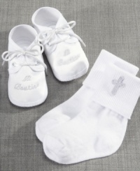 From head to toe. Dress his feet in something special for that memorable day with these satin Mi Bautizo shoes and socks from Lauren Madison. From head to toe. Dress his feet in something special for that memorable day with these satin Mi Bautizo shoes and socks from Lauren Madison.