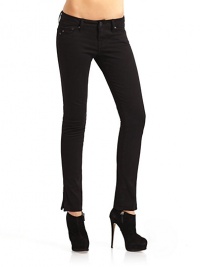 THE LOOKBlack designMid-width waistband with belt loops and logo button closureFront zipperFive-pocket styleSkinny legsLogo patch on back waistEmbroidery on back pocketsZippers on ankleTHE FITRise, about 8Inseam, about 30THE MATERIAL76% cotton/22% polyester/2% spandexCARE & ORIGINMachine washImported THE LOOKBlack designMid-width waistband with belt loops and logo button closureFront zipperFive-pocket styleSkinny legsLogo patch on back waistEmbroidery on back pocketsZippers on ankleTHE FITRise, about 8Inseam, about 30THE MATERIAL76% cotton/22% polyester/2% spandexCARE & ORIGINMachine washImported