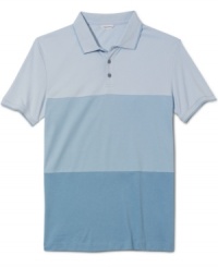 Style in stages. This varied colorblocked polo from Calvin Klein is solid bet for style this summer. Style in stages. This varied colorblocked polo from Calvin Klein is solid bet for style this summer.