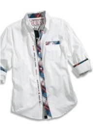 GUESS Kids Boys Big Boy Roll-Up Sleeve Plaid-Trim Shirt, WHITE (12/14) GUESS Kids Boys Big Boy Roll-Up Sleeve Plaid-Trim Shirt, WHITE (12/14)