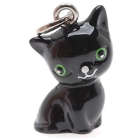 Hand Painted 3-D Seated Black Cat With Green Eyes Jewelry Charm 20mm (1) Hand Painted 3-D Seated Black Cat With Green Eyes Jewelry Charm 20mm (1)