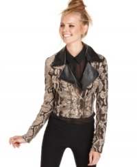 Shrunken, minimalist design makes Urban Hearts' faux-leather moto jacket all about the fierce snakeskin-print! Rock the layer with a flirty dress or skinny jeans for a look that's so runway-chic. Shrunken, minimalist design makes Urban Hearts' faux-leather moto jacket all about the fierce snakeskin-print! Rock the layer with a flirty dress or skinny jeans for a look that's so runway-chic.