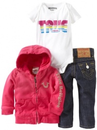 True Religion Baby-Girls Infant Retro Glitter Logo Three Piece Gift Box Set, Fuschia, 6-12 Months