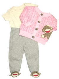 Baby Girls 3 Piece Sock Monkey Footed Pants and Cardigan Outfit by Baby Starters - Gray - 6 Mths / 12-16 Lbs Baby Girls 3 Piece Sock Monkey Footed Pants and Cardigan Outfit by Baby Starters - Gray - 6 Mths / 12-16 Lbs