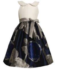 Navy-Blue Ivory Jacquard Pearl Bead Collar Dress NV4TN,Bonnie Jean Tween Girls Special Occasion Flower Girl Party Dress