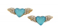 Cute Small 3/4 Gold Plated Flying Heart Angel Wings Stud Earrings with Sparkling Clear Crystals and Iridescent Aqua Blue Heart Cute Small 3/4 Gold Plated Flying Heart Angel Wings Stud Earrings with Sparkling Clear Crystals and Iridescent Aqua Blue Heart