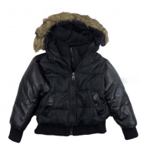 Steve Madden Girls Faux Leather Sleeves Faux Fur Trim Coat (5/6, Black) Steve Madden Girls Faux Leather Sleeves Faux Fur Trim Coat (5/6, Black)